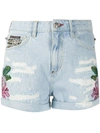 PHILIPP PLEIN EMBROIDERED DENIM SHORTS