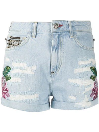 Philipp Plein Embroidered Denim Shorts In Blue