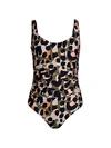 DKNY Leopard Ruche One-Piece Swimsuit,0400012546138