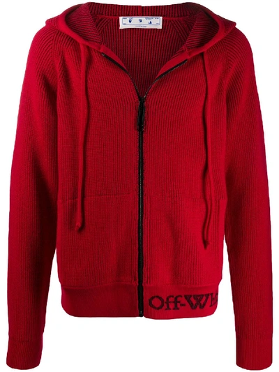 Off-white Logo-motif Knitted Hoodie In Red