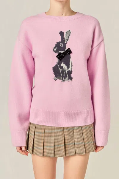 2.7 August Apparel Bunny Rhinestone Bow Sweater In Pink