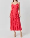 2.7 August Apparel Chiffon Ruffled Spaghetti Maxi Dress In Red In Red