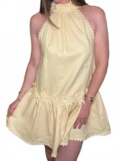 2.7 August Apparel English Factory Halter Flower Detail Mini Dress In Yellow