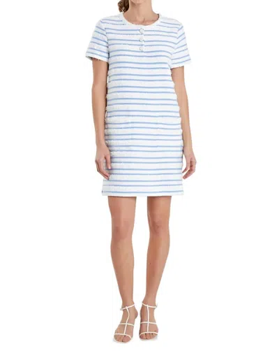 2.7 August Apparel Fringed Striped Polo Mini Dress In White/blue In Multi
