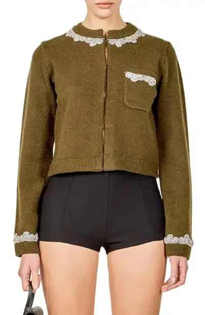 2.7 August Apparel Jewel Embellished Cardigan In Olive In Green