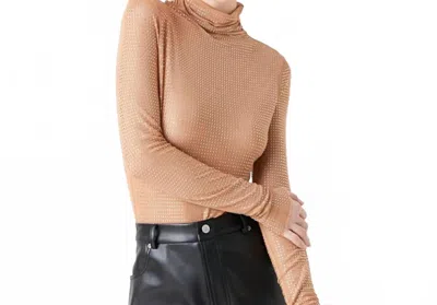 2.7 August Apparel Rhinestone Mesh Long Sleeve Bodysuit In Nude In Brown