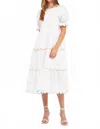 2.7 August Apparel Scallop Edge Puffy Short Sleeve Midi Dress In White Multi In White