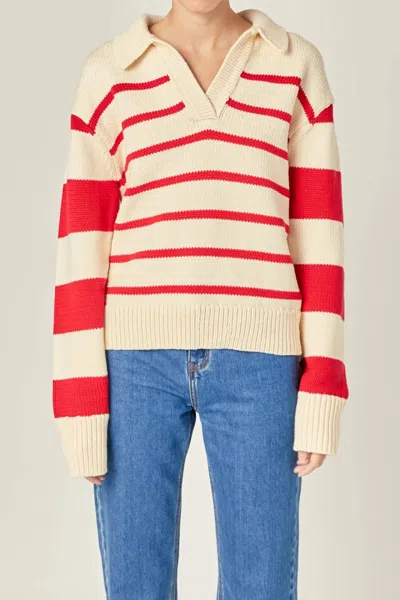 2.7 August Apparel Striped Sweater In Cream/red In Multi