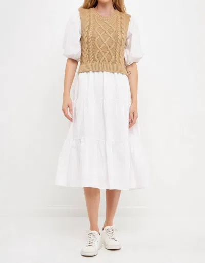 2.7 August Apparel Swati Cable Knit Dress In White/camel