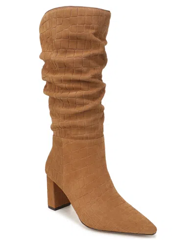 27 Edit Naturalizer Women's Fletcher Suede Wide-calf Pointed-toe Boots In Camel Brown Croco Suede