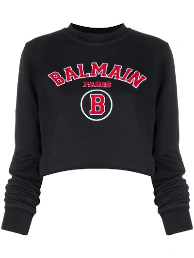 Balmain Cropped Collegiate Logo Sweatshirt In Black