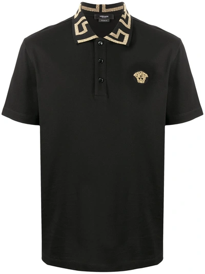 Versace Geometric Patterned Black Polo Shirt With Classic Placket