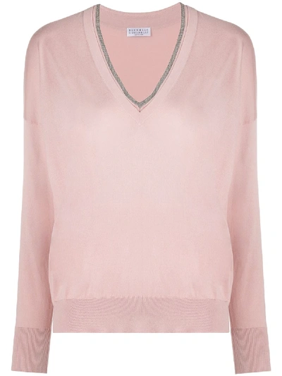 Brunello Cucinelli Beaded-neck Jumper In Pink