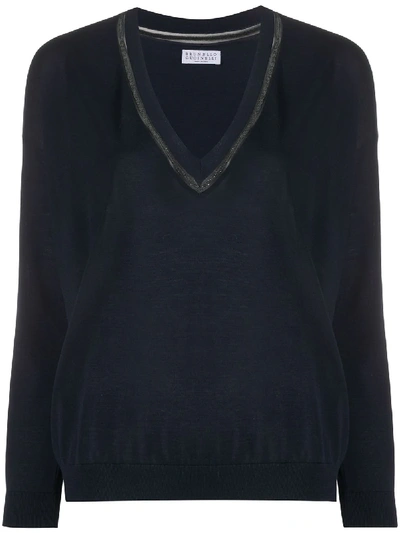 Brunello Cucinelli Beaded-neck Sweater In Blue