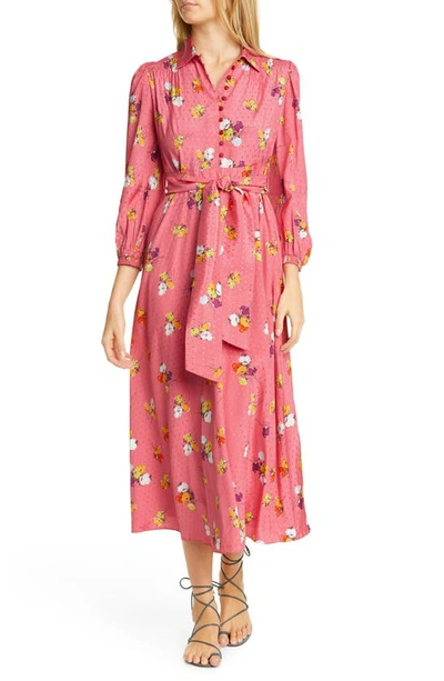 Bytimo Belted Floral-print Jacquard Midi Shirt Dress In Red Blossom