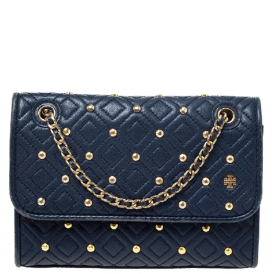 Pre-owned Tory Burch Navy Blue Quilted Leather Fleming Studded Shoulder Bag