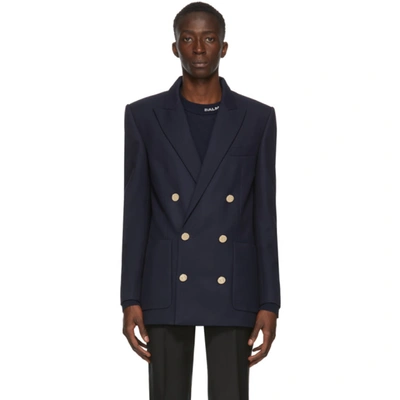 Balmain Navy Wool Twill Double-breasted Blazer In Dark Blue