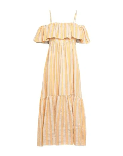 Three Graces London Ida Off-the-shoulder Tiered Metallic Striped Linen-blend Dress In Saffron