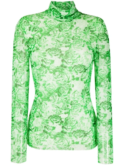 Ganni Floral-print Stretch-mesh Turtleneck Top In Green