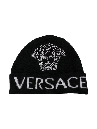 Young Versace Kids' Medusa Knit Beanie In Black