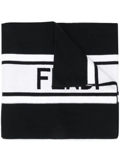 Fendi Striped Logo-intarsia Cotton And Wool-blend Scarf In Black