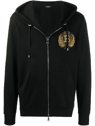 Balmain Logo-embroidered Zipped Cotton Hooded Sweatshirt In Black