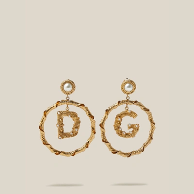 Pre-owned Dolce & Gabbana Gold Faux Pearls Gold-tone Logo Charm Earrings