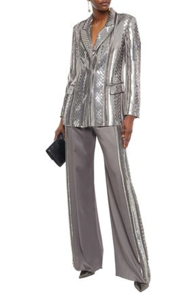 Alberta Ferretti Embellished Satin-crepe Wide-leg Trousers In Gunmetal
