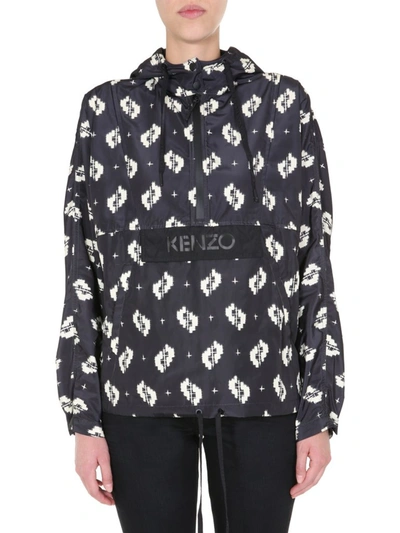 Kenzo Ikat Print Hooded Windbreaker In Black