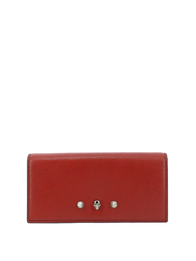 Alexander Mcqueen Skull Studded Chain Leather Wallet In Red