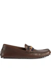 Gucci Brown Driving Web Stripe Leather Loafers In Brown