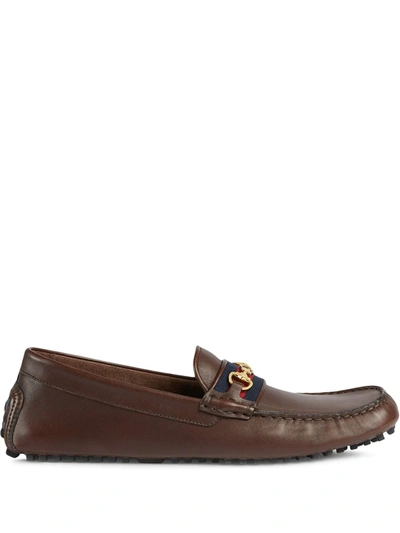 Gucci Brown Driving Web Stripe Leather Loafers In Braun