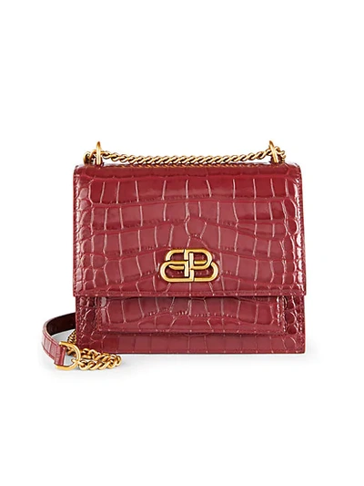 Balenciaga Croc-embossed Leather Chain Crossbody Bag In Red