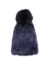 La Fiorentina Fox & Rabbit Fur Pom Pom Beanie In Navy