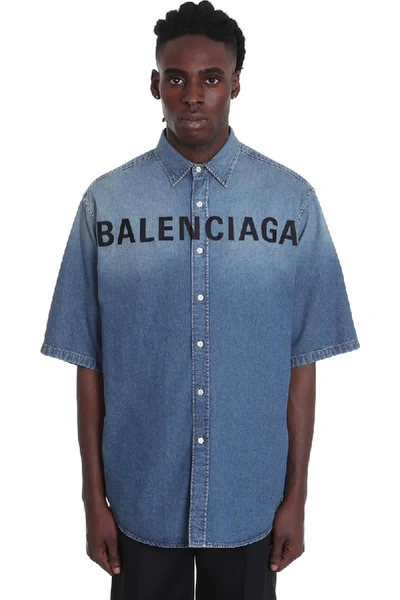 Balenciaga Oversized Logo-embroidered Denim Shirt In Blue