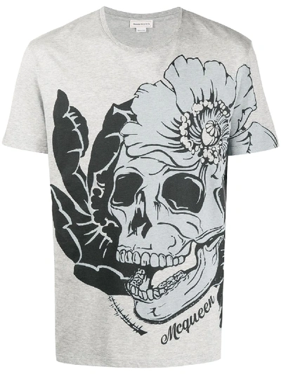 Alexander Mcqueen Flower Skull Print T-shirt In Grey