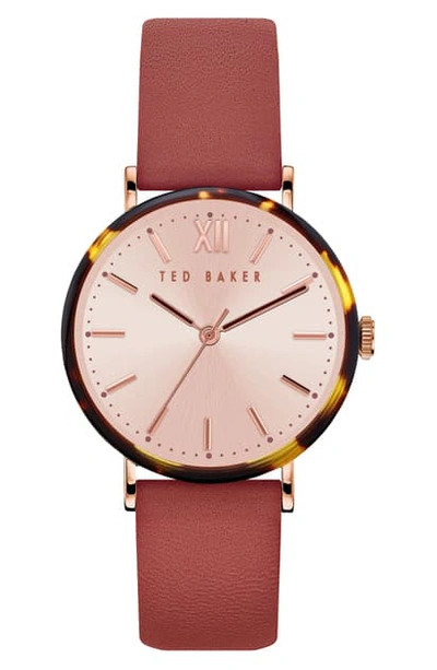 Ted Baker Phylipa Leather Strap Watch, 37mm In Bordeaux/ Gold/ Tortoise