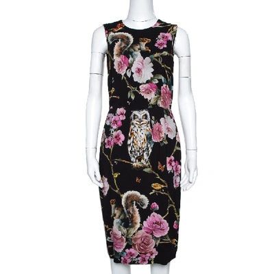 Pre-owned Dolce & Gabbana Enchanted Forest Print Crepe Fitted Dress S In Black
