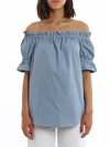 MICHAEL KORS POPLIN OFF THE SHOULDER TOP IN LIGHT BLUE