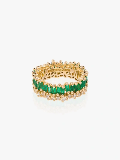 Suzanne Kalan 18k Yellow Gold Fireworks Short Stack Emerald And Diamond Ring In Green
