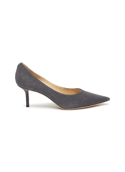 Jimmy Choo Love 65' Monogram Plaque Point Toe Suede Leather Pumps In Grey