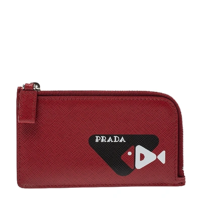 Pre-owned Prada Red Saffiano Leather Fish Sketch Zipped Card Holder