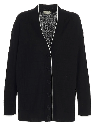 Fendi Whisper Logo Jacquard Cotton Blend Cardigan In Black