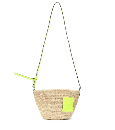 Loewe + Paula's Ibiza Pouchette Leather-trimmed Woven Raffia Shoulder Bag In Natural/ Neon Yellow