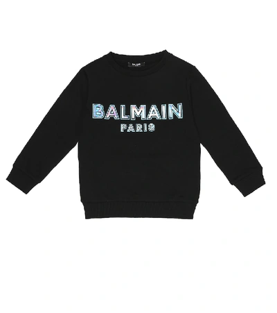 Balmain Teen 金属感logo贴花圆领套头衫 In Black