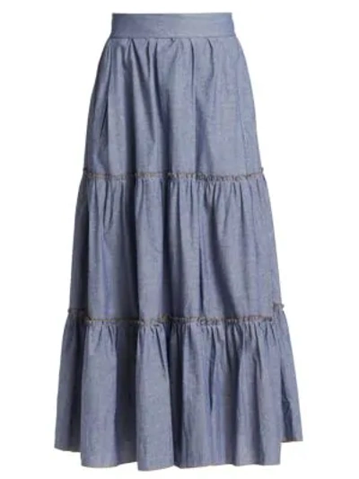 Anna Mason Tati Tiered Chambray Maxi Skirt In Blue Chambray
