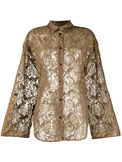 Msgm Sheer Floral Lace Shirt In Brown