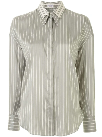 Brunello Cucinelli Double-collar Striped Shirt In Green