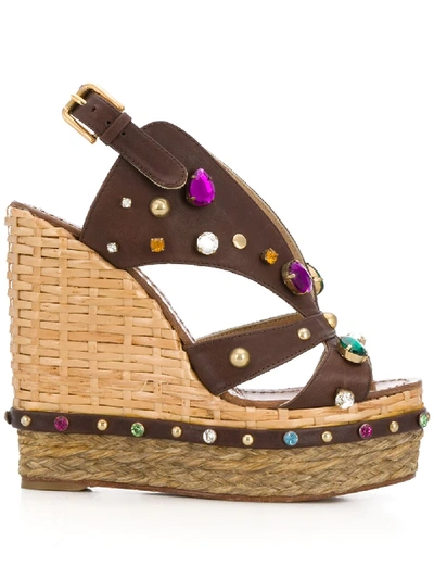 Pre-owned Dolce & Gabbana Embellished Wedge Sandals In Brown