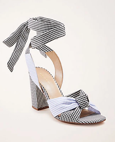Ann Taylor Lili Gingham Knot Patent Block Heel Sandals In White
